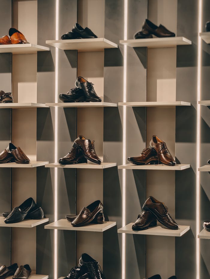 Mastering the First Impression: Your intriguing post title goes here A stylish display of brown men's dress shoes organized neatly on modern shelves in a store.